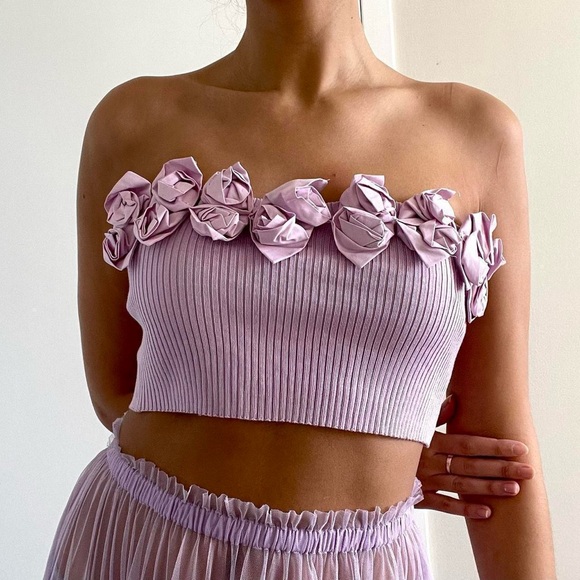 Lilac Purple 3D Rosette Ribbed Strapless Tube Crop Top | Size S - Picture 1 of 4